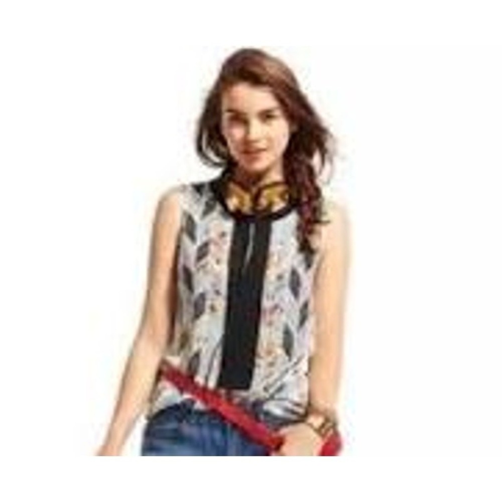 Boho Artsy CAbi Grosgrain Ribbon Geometric‎ Floral Career L Sleeveless Blouse